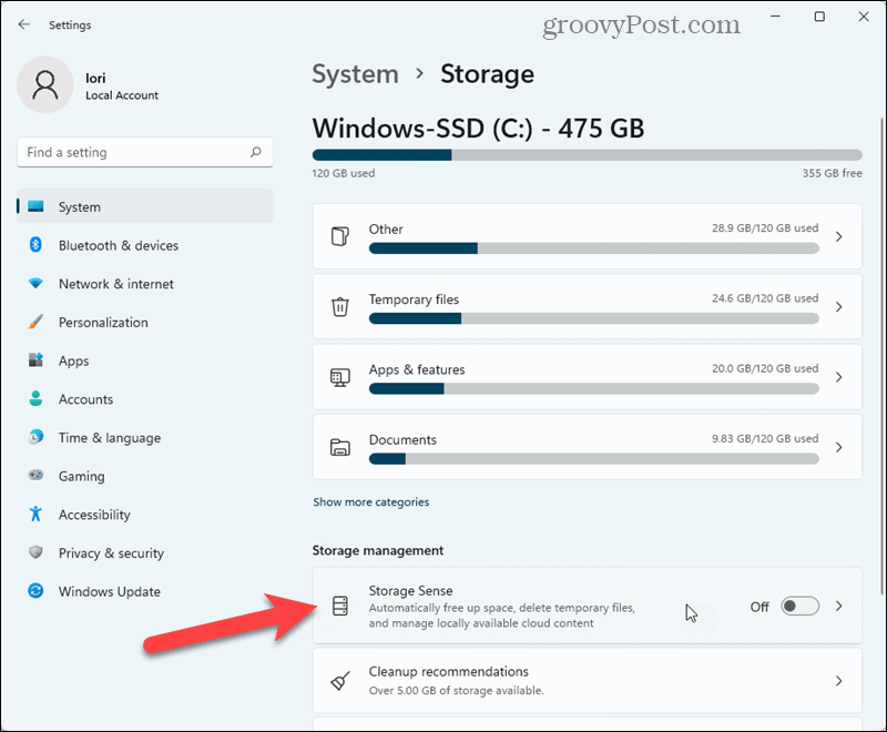 Click Storage Sense in Windows 11 Settings