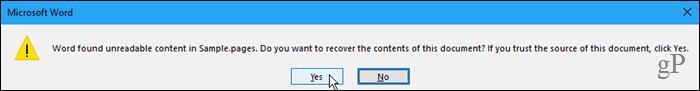 Found unreadable content dialog box in Word