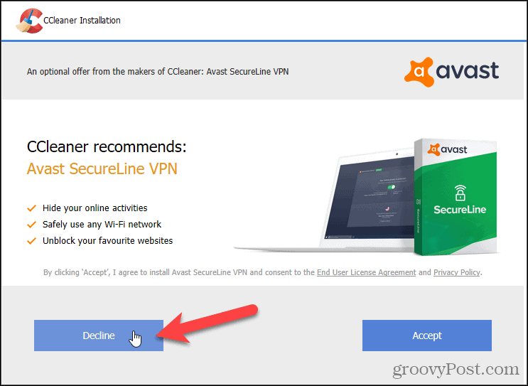 Decline Avast VPN in CCleaner