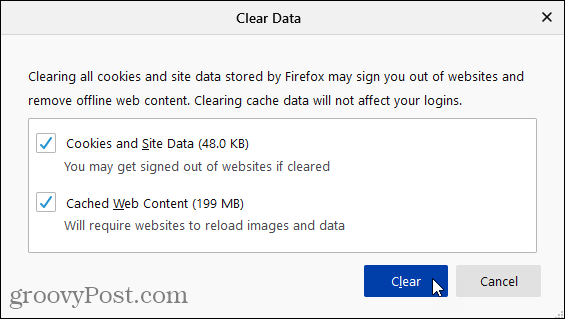 Clear Data dialog in Firefox