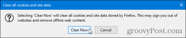 Clear all cookies and site data confirmation dialog in Firefox