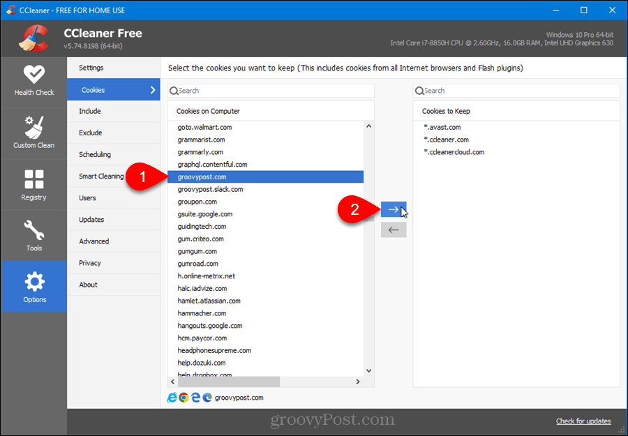 Choose which cookies to keep in CCleaner