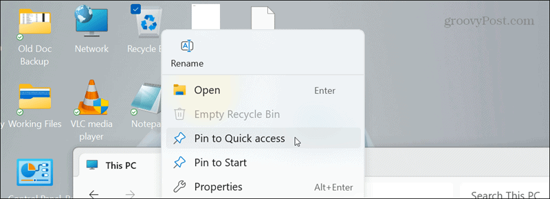  right-click recycle bin pin to quick access