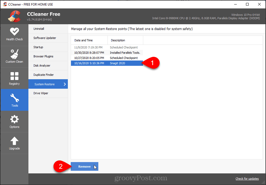 System Restore Points in CCleaner