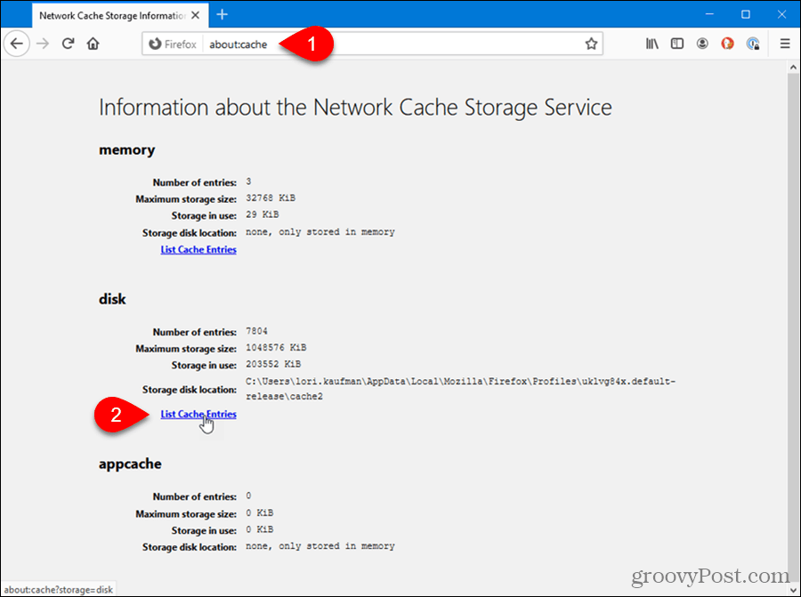 The about:cache page in Firefox