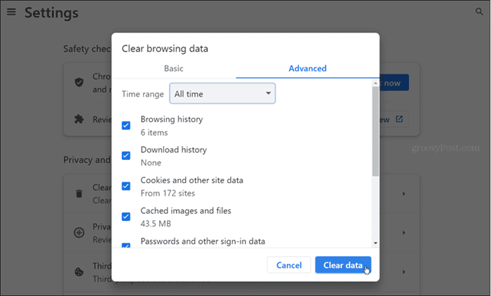 clear chrome browsing data