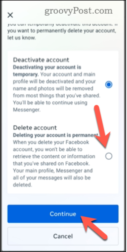 Choosing to delete a Facebook account on mobile