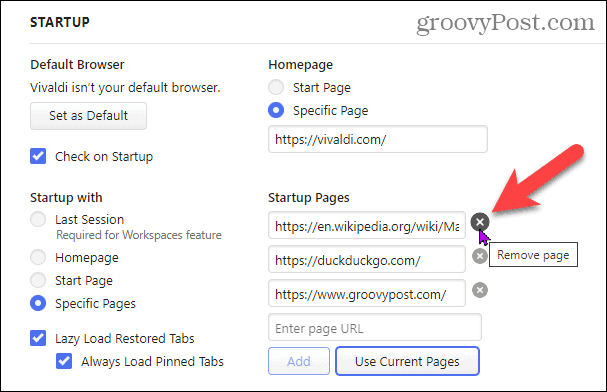 Remove page from startup in Vivaldi