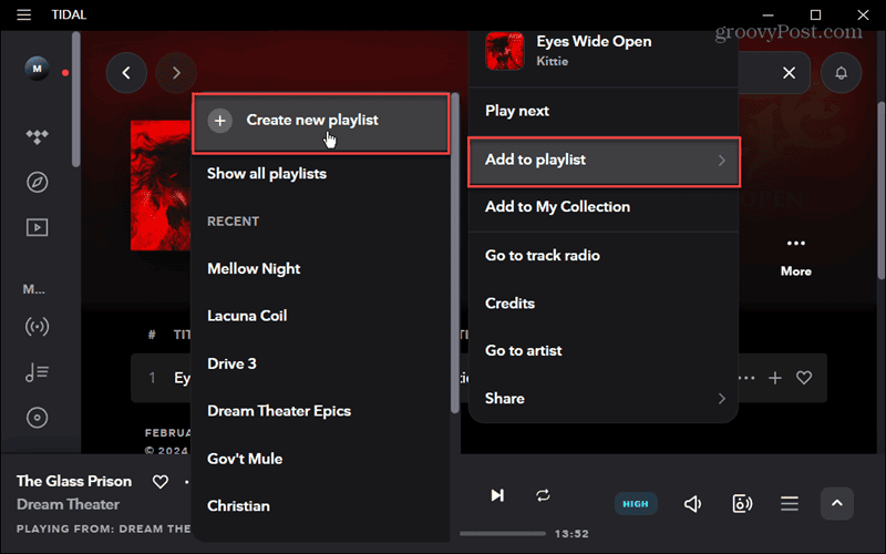 add playlist create new tidal desktop app