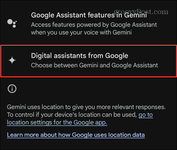 Digital Assistants from Google Options in Settings