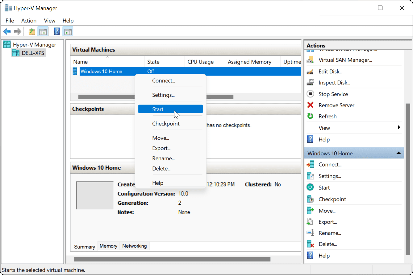  start virtual machine hyper-V Manager