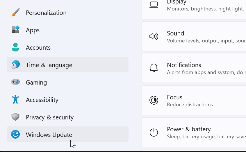 Windows Update settings menu