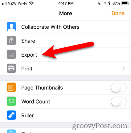 Tap Export in Pages for iOS