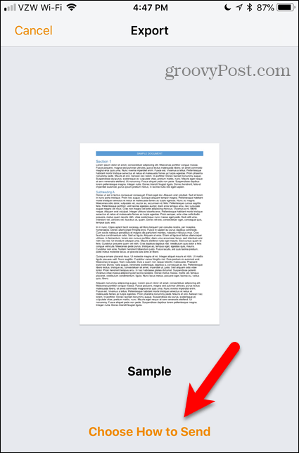 Choose How to Send link in Pages for iOS