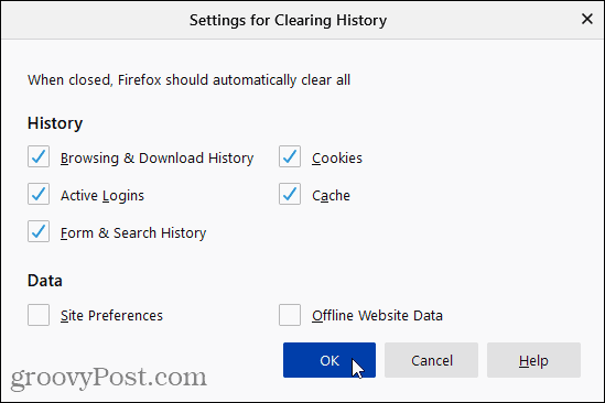 Settings for Clearing History dialog in Firefox