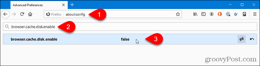 Disable disk cache on about:config page in Firefox