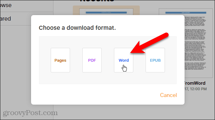 Click Word on the Choose a download format dialog box in Pages on iCloud