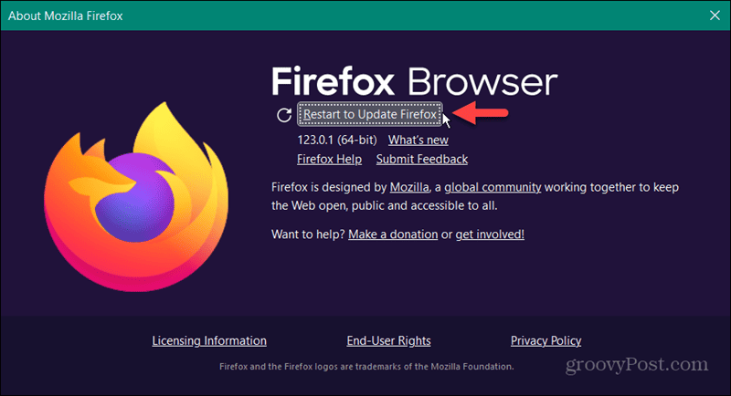 restart to update firefox