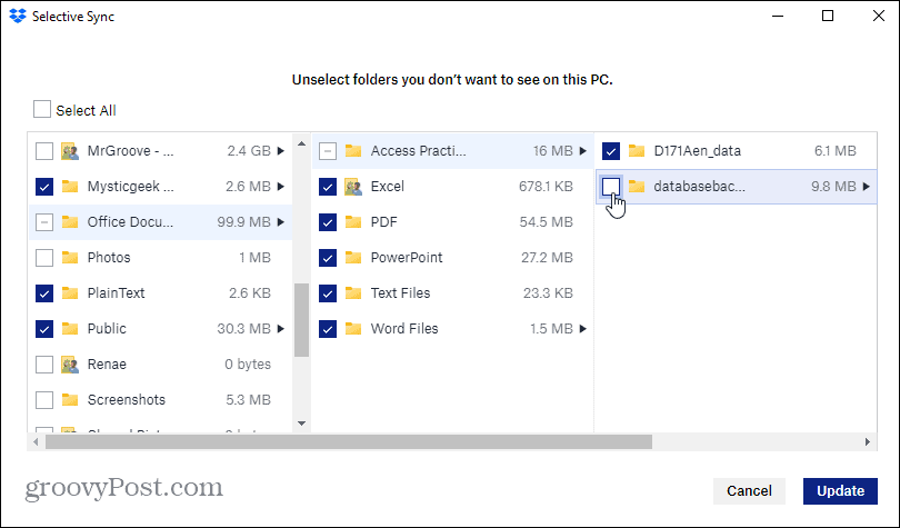 choose selective sync folders dropbox