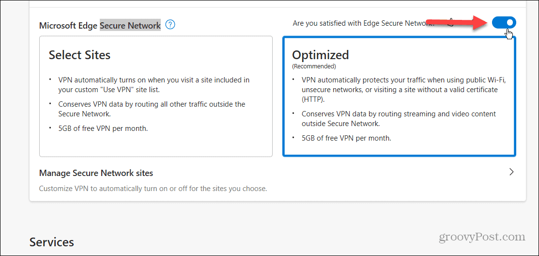 Toggle on Microsoft Edge Secure Network