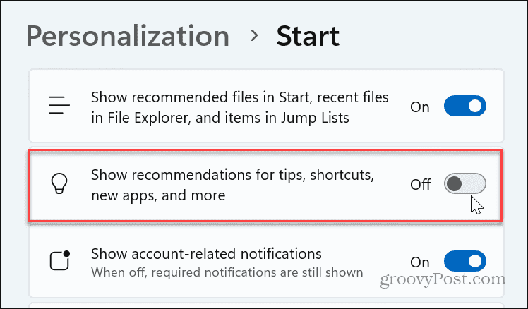 toggle off Show recommendations for tips shortcuts new apps and more