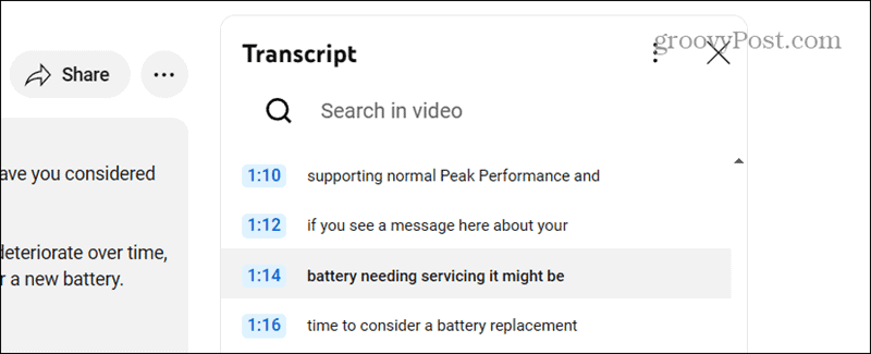 transcript box with timestamps