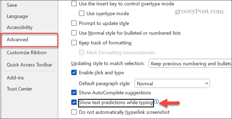 Text Predictions in Microsoft Word