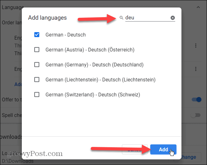 choose language to add to Chrome