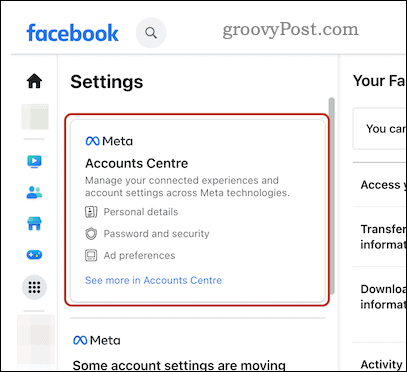 Open Facebook account center options