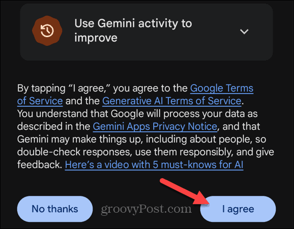 Google Gemini AI App I agree button