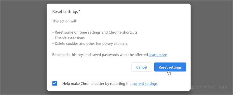 reset settings button google chrome