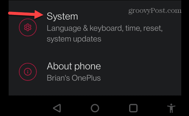 systems menu for android phone