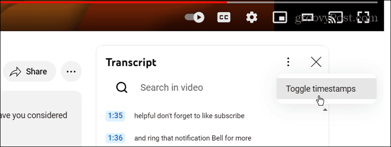 toggle youtube transcript timestamps