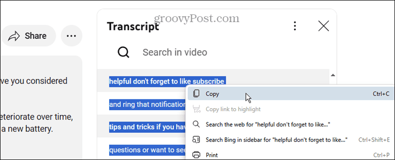 copy youtube transcript