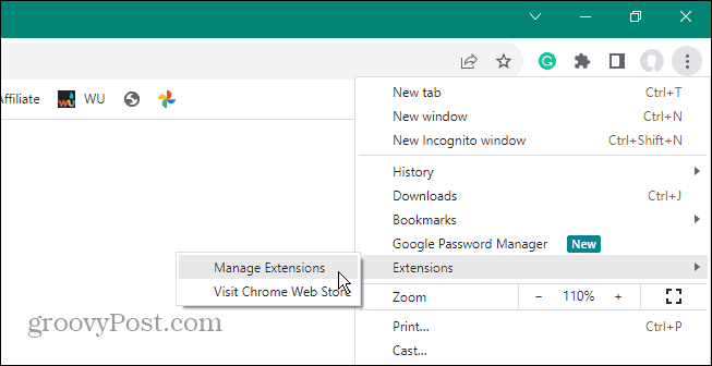 manage extensions menu