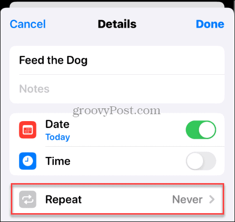 reminders app repeat option