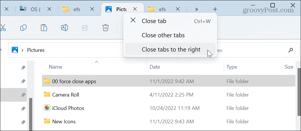 Close tabs to left or right file explorer