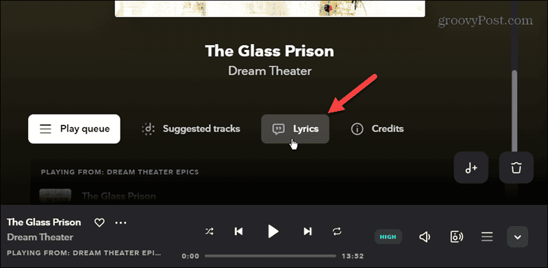 Lyrics button Tidal desktop app