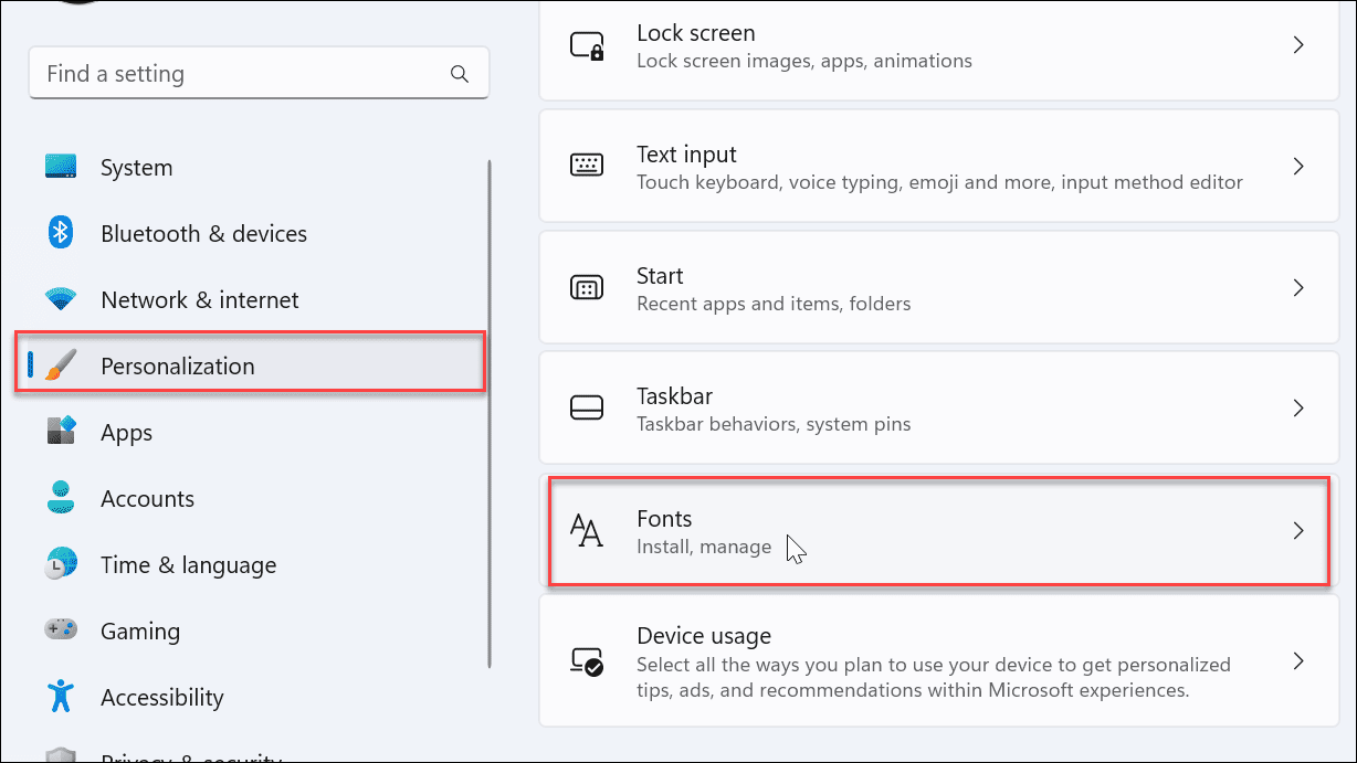 Settings Personalization Fonts