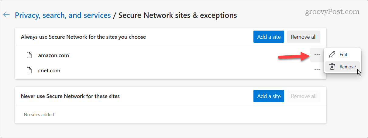 remove site from Edge vpn