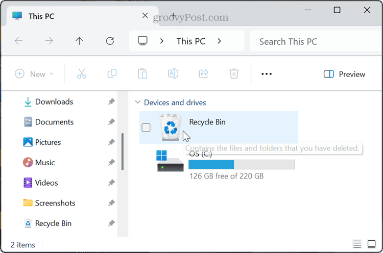 recycle bin listed in This PC