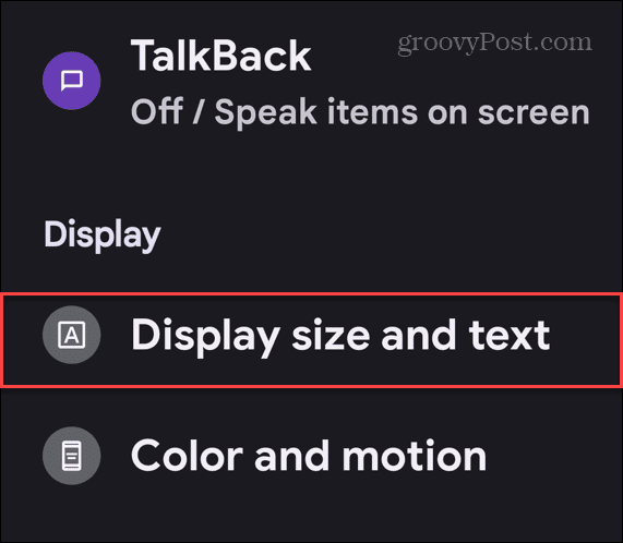 display size and text