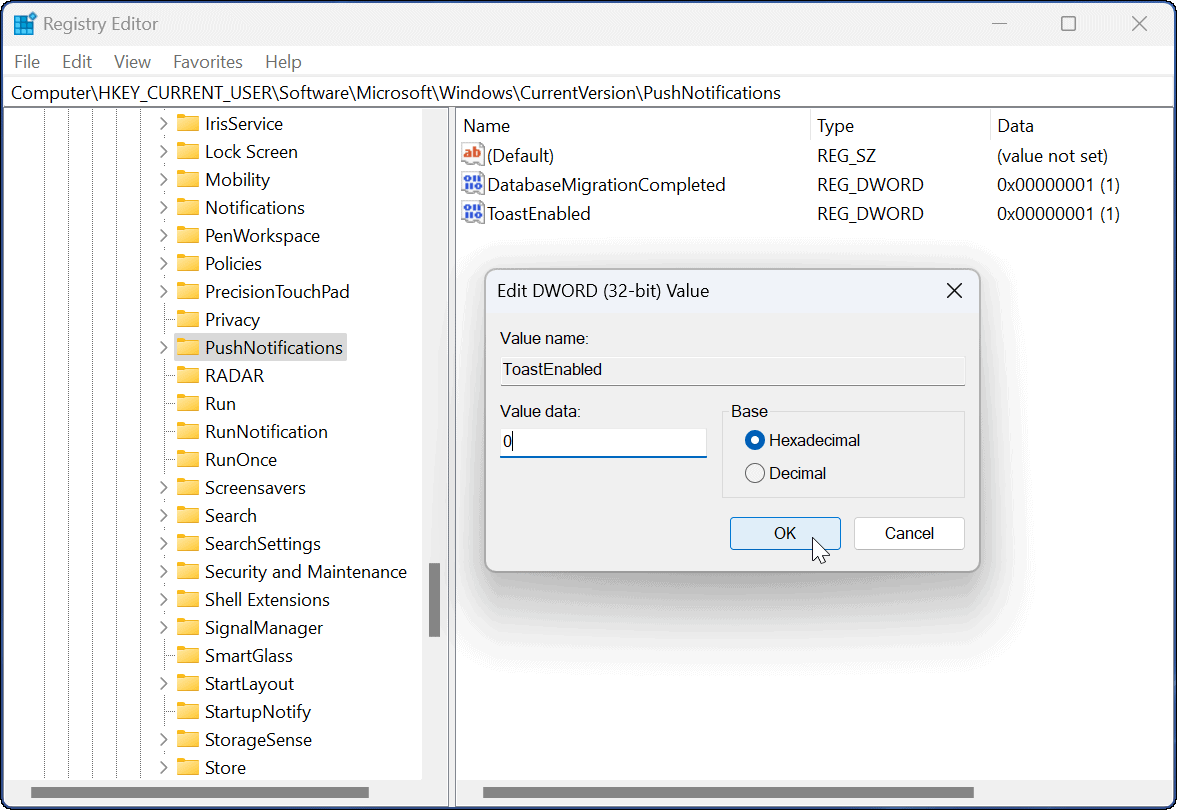 toastEnabled block notifications on Windows 11