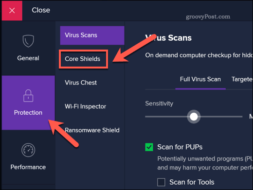 Opening Avast's core shields settings