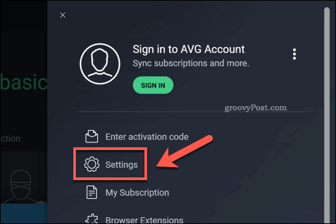 Opening the AVG Settings menu