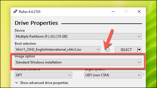 windows 11 standard installation in rufus