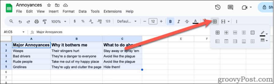 Cell Borders Menu in Google Sheets