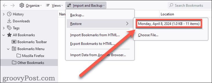 Choose backup to recover lost firefox bookmarks from