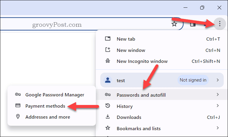 Open the Payment methods autofill options menu in Chrome