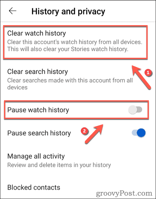 Clearing YouTube watch history on Android.